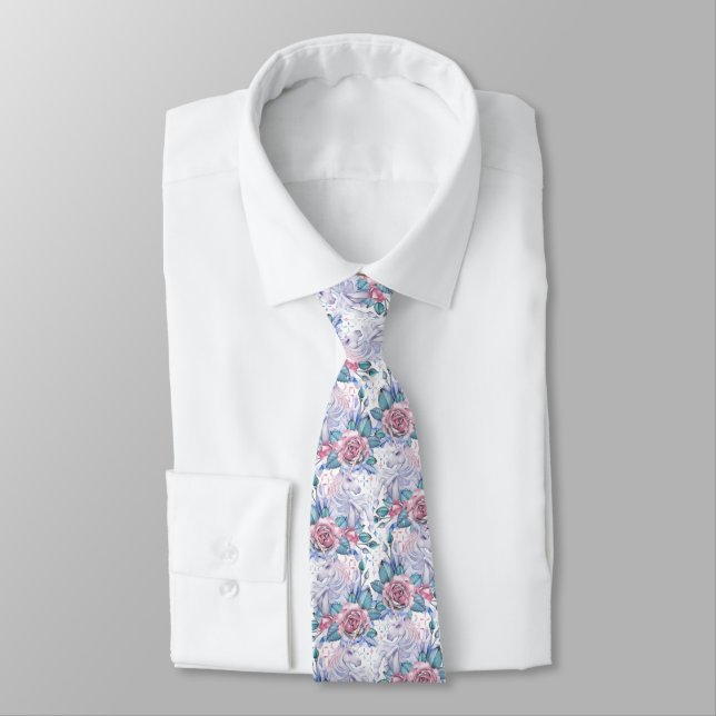 Pink & Blue Rose Pattern Neck Tie (Tied)
