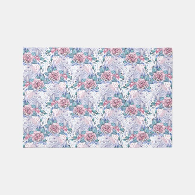 Pink & Blue Rose Pattern Rug (Front)