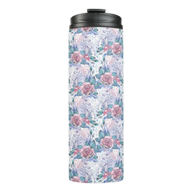 Pink & Blue Rose Pattern Thermal Tumbler (Front)