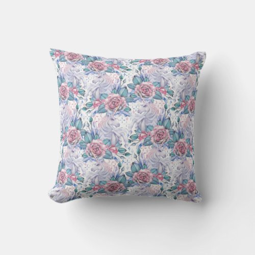 Pink  Blue Rose Pattern Throw Pillow