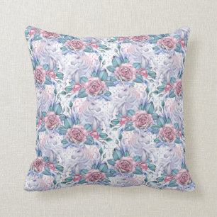 Pink & Blue Rose Pattern Throw Pillow