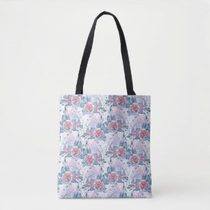 Pink & Blue Rose Pattern Tote Bag