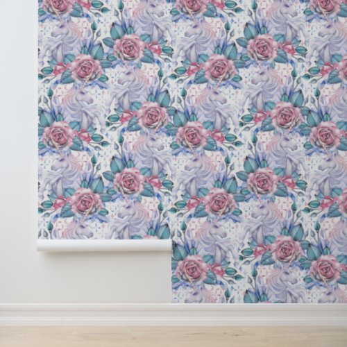 Pink  Blue Rose Pattern Wallpaper