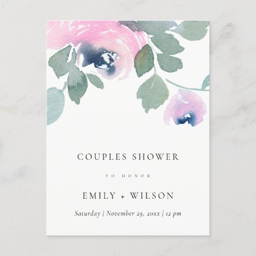 PINK BLUE ROSE WATERCOLOR FLORAL COUPLES SHOWER INVITATION POSTCARD