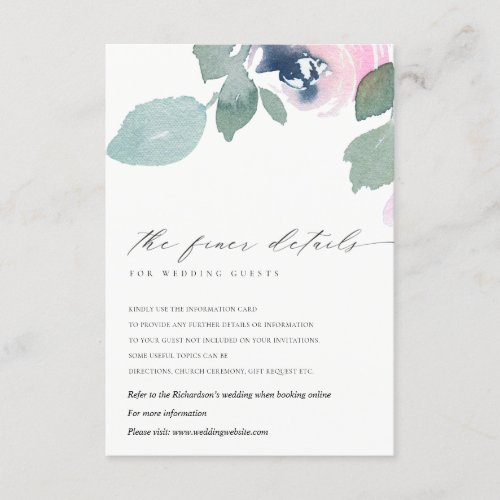 PINK BLUE ROSE WATERCOLOR FLORAL WEDDING DETAIL ENCLOSURE CARD