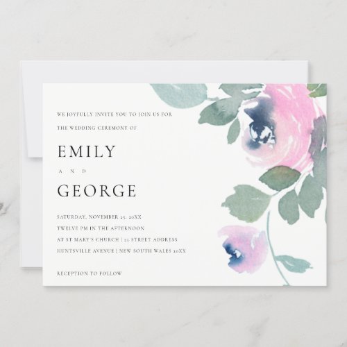 PINK BLUE ROSE WATERCOLOR FLORAL WEDDING INVITE