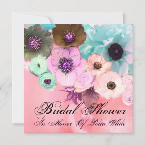 PINK BLUE ROSES AND ANEMONE FLOWERS BRIDAL SHOWER INVITATION