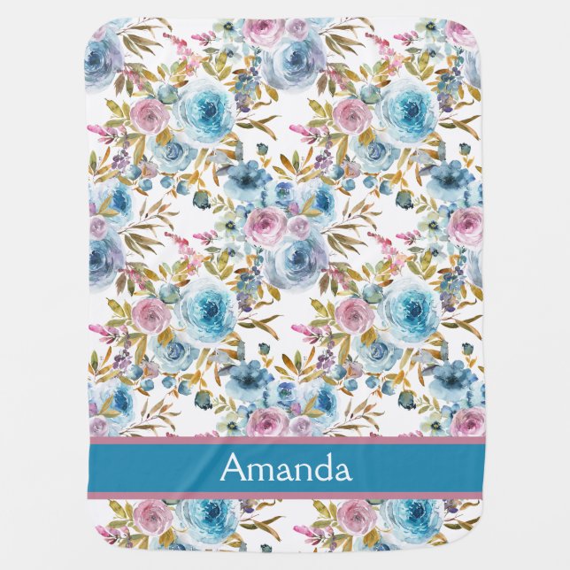 Pink Blue Roses Floral Baby Girl Pattern Blanket (Front)