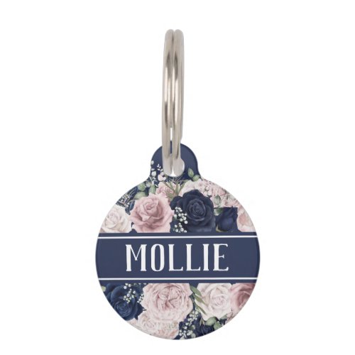 Pink Blue Roses Floral Name and Address Pet ID Tag
