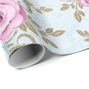 Floral Rose Gold Flowers and Leaves Drawing Black Wrapping Paper