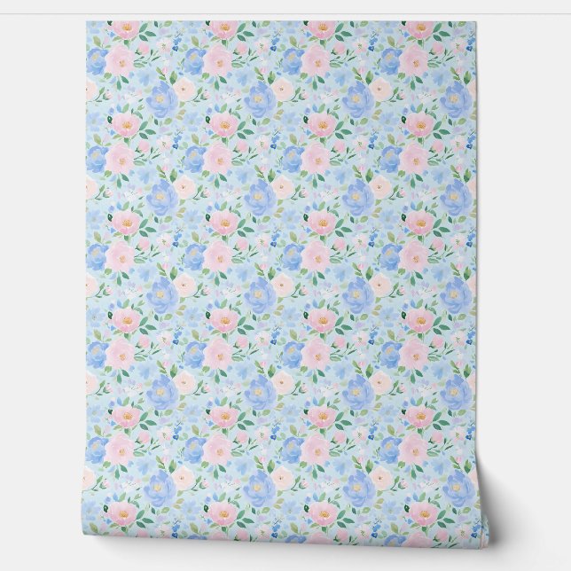 Pink Blue Roses Pastel Blue Wallpaper (Unrolling)