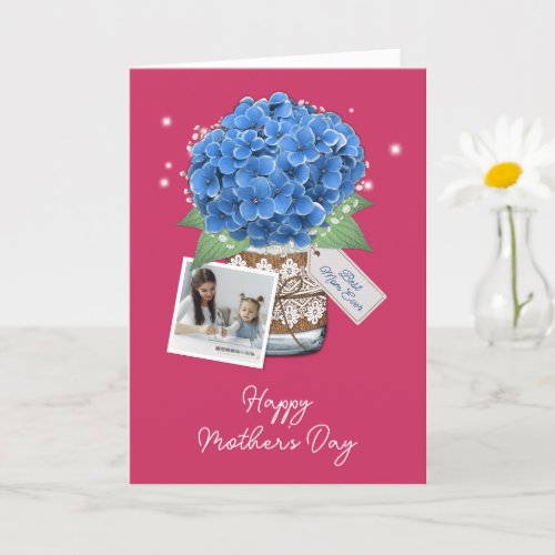 Pink Blue Rustic Floral Photo Happy Mothers Day Card