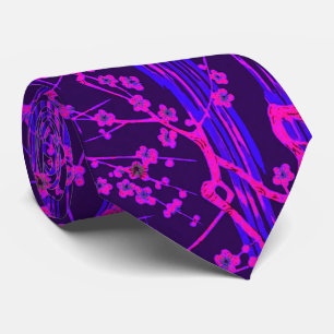 PINK BLUE SAKURA FLOWERS Japanese Floral Pattern Neck Tie