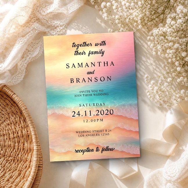 Pink Blue Sea Modern Ocean Beach Sand Watercolor Invitation