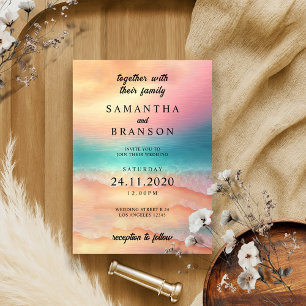 Pink Blue Sea Modern Ocean Beach Sand Watercolor Invitation