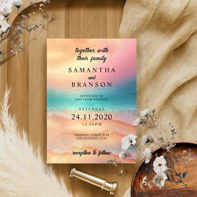 Pink Blue Sea Modern Ocean Beach Sand Watercolor Invitation (Creator Uploaded)