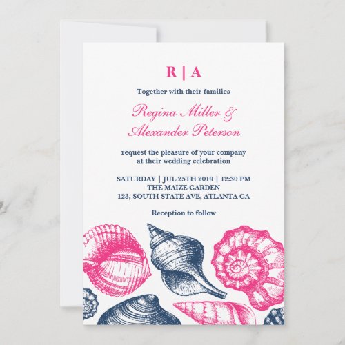 Pink Blue Seashells Beach Wedding Invitation