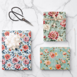 Pink Blue Shabby Chic Floral Vintage Watercolor Wrapping Paper Sheets
