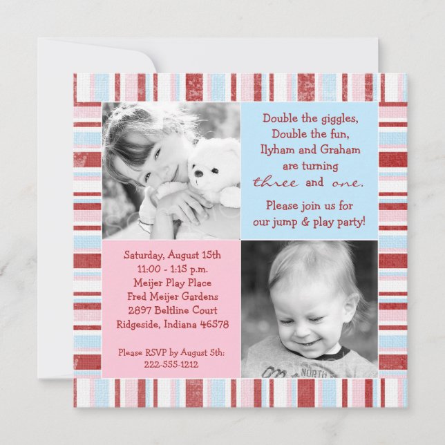 Pink & Blue Sibling Photo Birthday Invitation (Front)