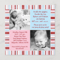 Pink & Blue Sibling Photo Birthday Invitation