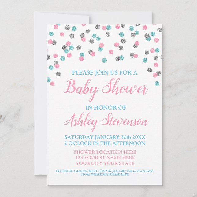Pink Blue Silver Confetti Gender Neutral Shower Invitation (Back)
