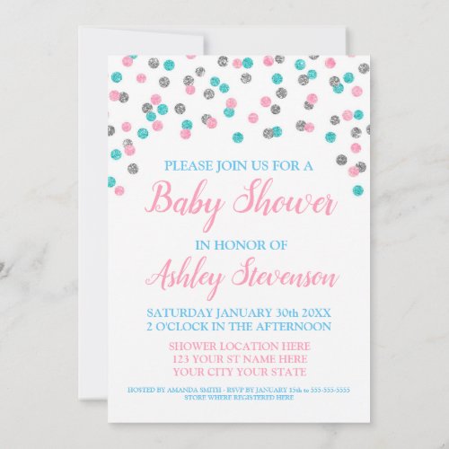 Pink Blue Silver Confetti Gender Neutral Shower Invitation