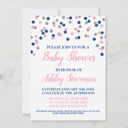 Pink Blue Silver Confetti Gender Neutral Shower Invitation