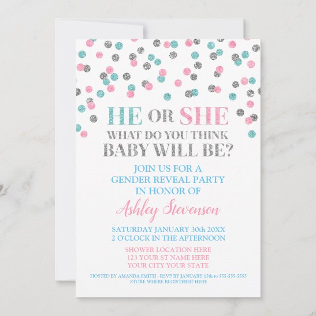 Pink Blue Silver Confetti Gender Reveal Shower Invitation (Back)