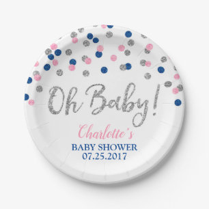 Pink Blue Silver Dots Gender Reveal Baby Shower Paper Plates