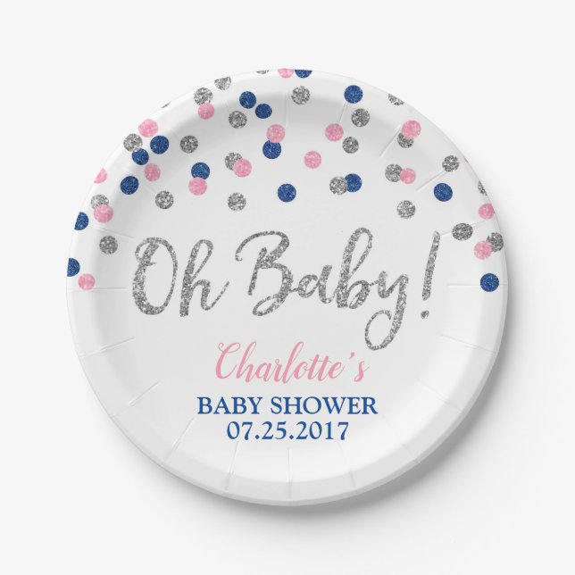 Pink Blue Silver Dots Gender Reveal Baby Shower Paper Plates (Front)