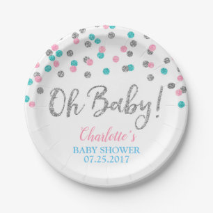 Pink Blue Silver Dots Gender Reveal Baby Shower Paper Plates