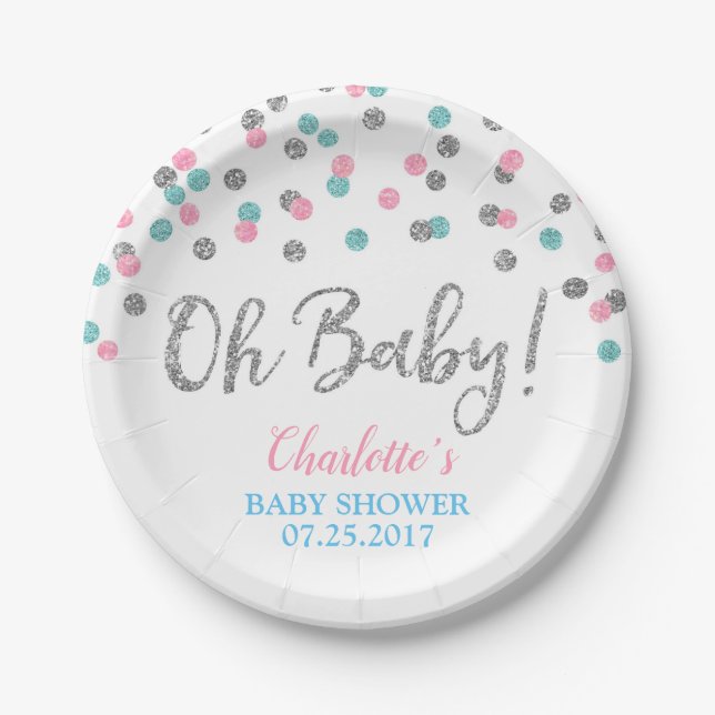 Pink Blue Silver Dots Gender Reveal Baby Shower Paper Plates (Front)