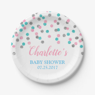 Pink Blue Silver Dots Gender Reveal Baby Shower Paper Plates