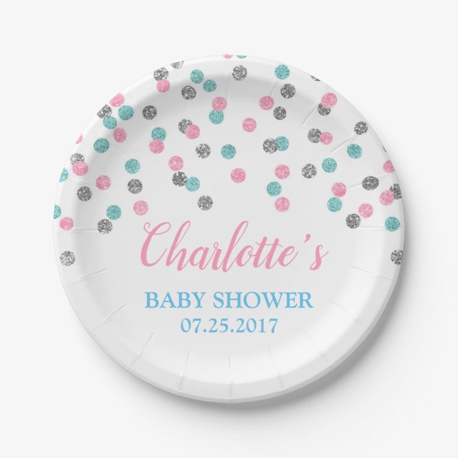 Pink Blue Silver Dots Gender Reveal Baby Shower Paper Plates (Front)