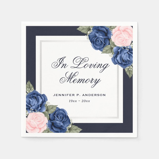 Pink Blue Silver Floral Funeral Memorial Napkins (Front)