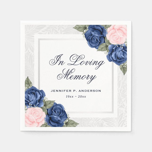 Pink Blue Silver Floral In Loving Memory Funeral Napkins (Front)