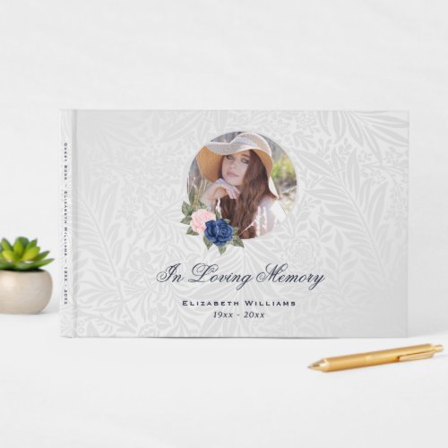 Pink Blue Silver Floral Memorial Funeral Photo Guest Book