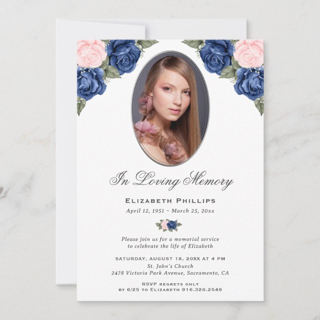 Pink Blue Silver Floral Photo Memorial Service Invitation (Front)