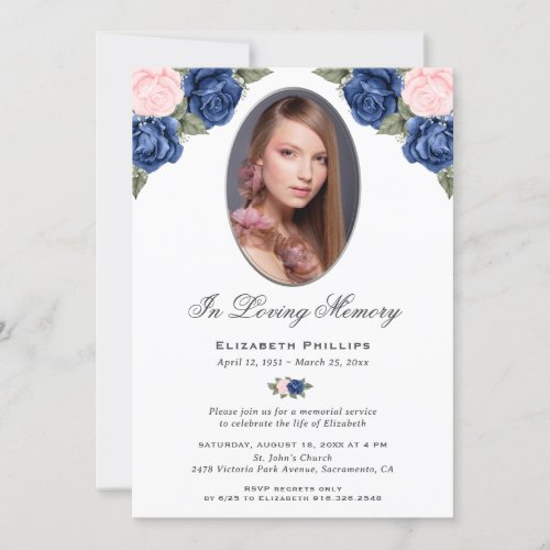Pink Blue Silver Floral Photo Memorial Service Invitation
