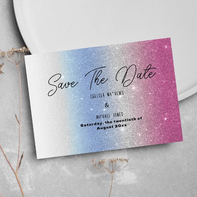 Pink blue silver ombre glam glitter Save The Date  (Pink blue silver ombre glam glitter Save The Date )