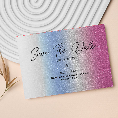 Pink blue silver ombre glam glitter Save The Date 