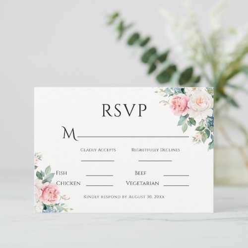 Pink & Blue Simple Floral Modern Wedding RSVP Card