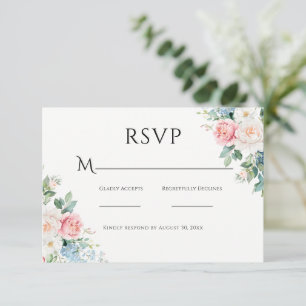 Pink & Blue Simple Floral Modern Wedding RSVP Card