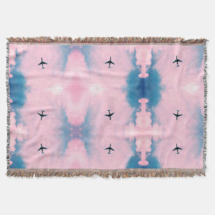 Pink Blue Sky Airplane Pattern Travel Aesthetic Throw Blanket