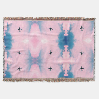 Pink Blue Sky Airplane Pattern Travel Aesthetic Throw Blanket