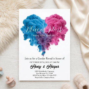 Pink & Blue Smoke Heart Gender Reveal Invitation
