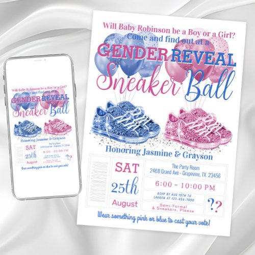 Pink Blue Sneaker Ball Gender Reveal Baby Shower Invitation