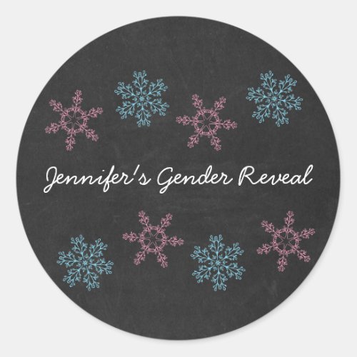 Pink  Blue Snowflake Chalkboard Gender Reveal Classic Round Sticker
