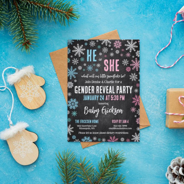 Pink Blue Snowflake He or She Winter Gender Reveal Invitation (Creator Uploaded)