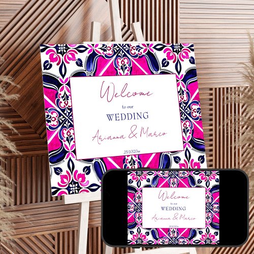 Pink blue Spanish Talavera tiles wedding welcome Poster